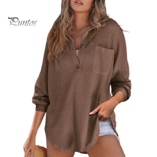 

Женские топы с пуговицами на лацканах, с полузастежкой, с длинным рукавом, однотонные, с вафельной текстурой, эластичная блузка, повседневная одежда S кофейный