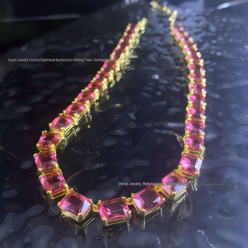 Shi Family Exquisite Purple Octagonal Rhinestone Necklace & Choker Bracelet Set