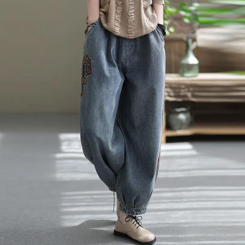 Jeans Women Cotton Embroidery Nine High Waist Wide Leg Pants Casual Vintage Loose Trousers