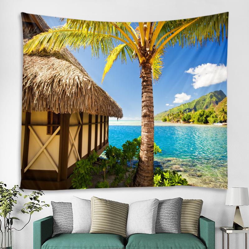 Tropical Sunset Beach Tapestry Wall Hanging Palm Tree Sea View Bedroom Dorm Home Decor Polyester Fabric 100X70CM
