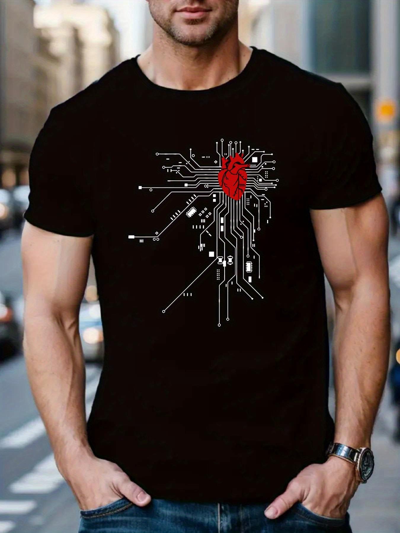 

Black 100% Cotton T-shirt with Intricate Heart & Circuit Print - Breathable Short Sleeve Crew Neck Casual Shirt for Summer XXXL