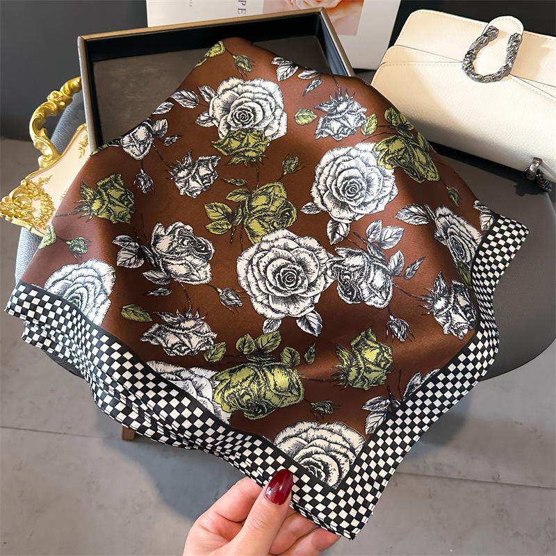 

Thousand Birds Grid Small Square Scarf Simulation Silk Scarf Headscarf Spring And Summer Scarf Floral Printing Neck Protection Scarf Scarf Female 70*70cm