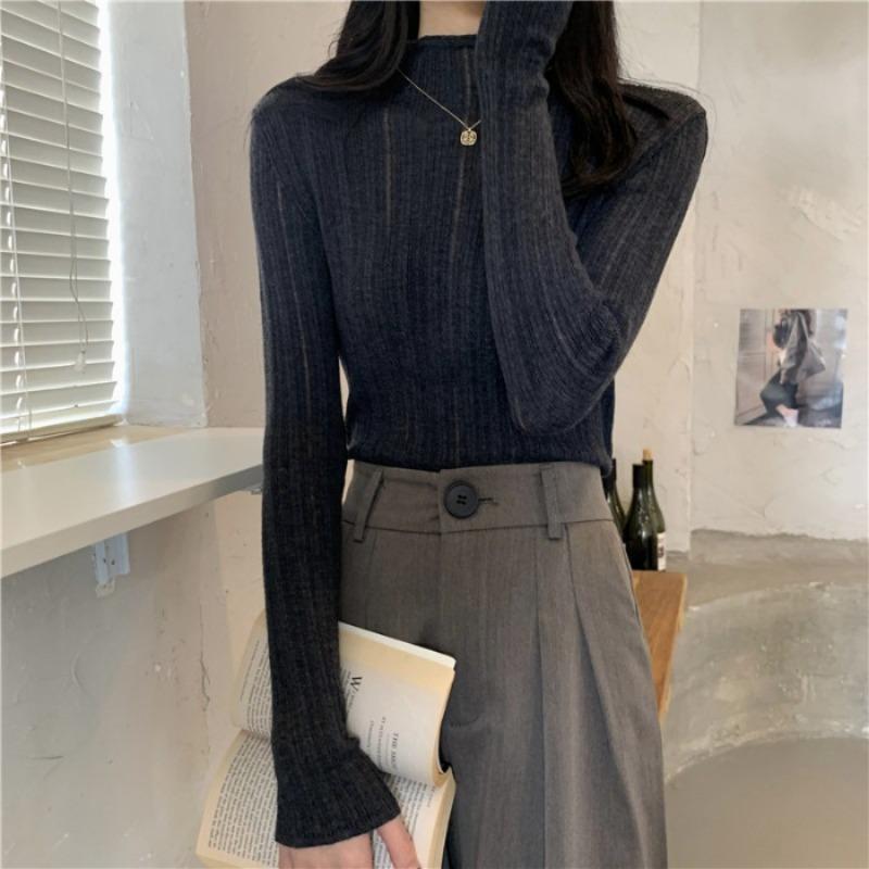 

Осень и зима Новый стиль полувысокий воротник длинный рукав трикотаж женский французский ретро облегающий универсальный базовый топ рубашка One size