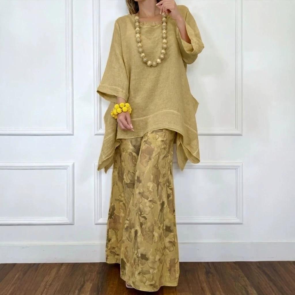 European and American new women's casual cotton and linen irregular top wide-leg pants set