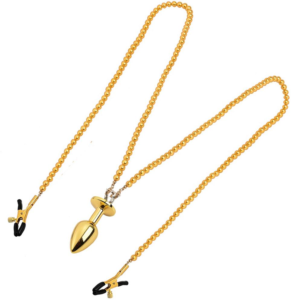 Small Medium Large Anal Beads Butt Plug Pearl Nipple Clamps Set With Chain Metal Breast Clip Bondage Slave Couple Game Sex Toy