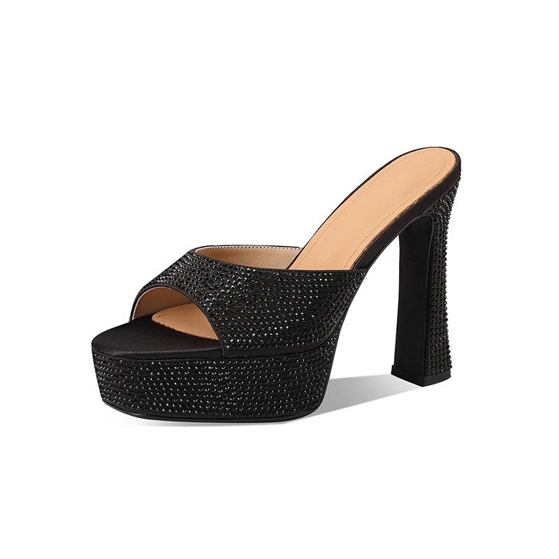 New waterproof table rhinestone women's cool slippers thick heel sandals women's word with sexy super high heels women's shoes