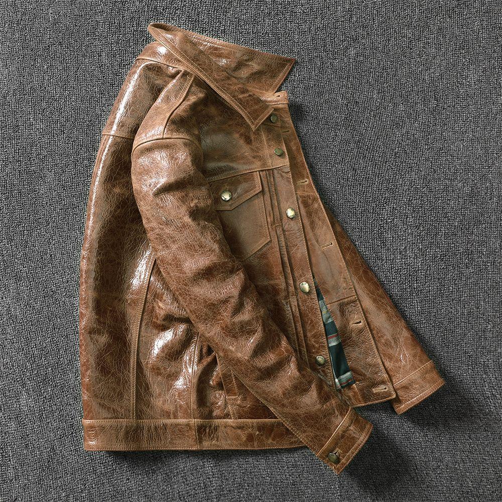 Giacca in Pelle Slim Coreana Giacca in Pelle Denim da Uomo Pelle di Mucca Strato Superiore Puro Cera d'Olio Stile Retrò Cappotto alla Moda