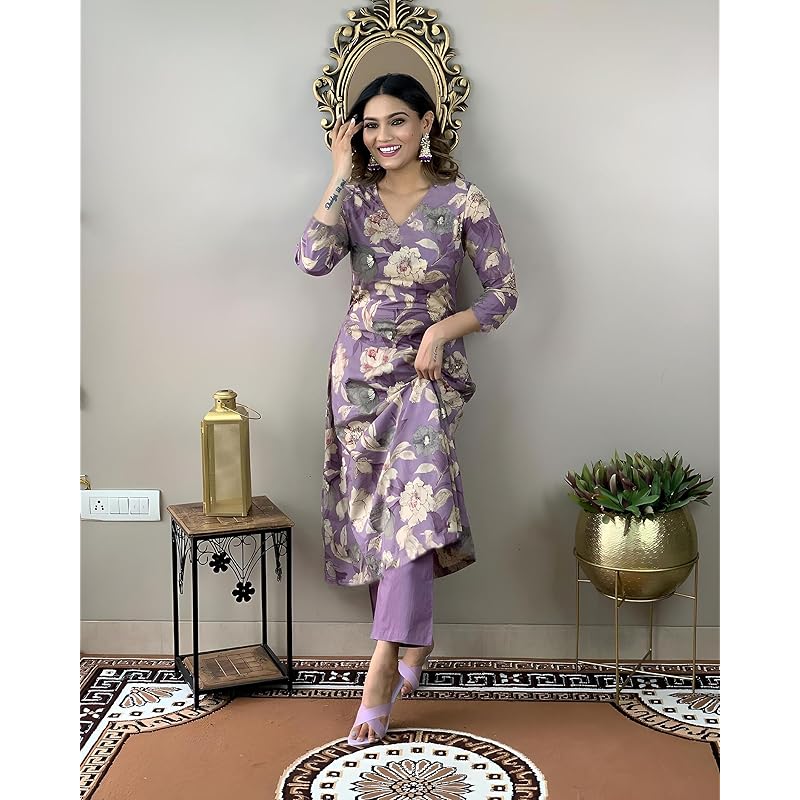 ANNI DESIGNER Women s Rayon Straight Printed Kurta with Pant Set (DHUN-Purple-NW_3XL_Purple_XXX-Large) L