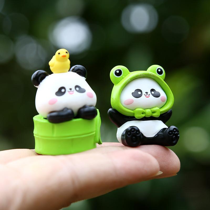 Cute Panda Embracing Bamboo With Frog Headwear Mini Model For Kids And Collectors