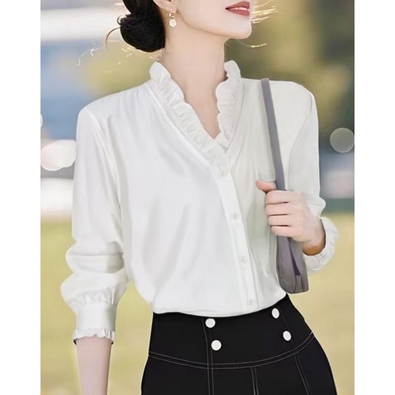 Women White Ruffled V Neck Long Sleeve Loose Elegant Casual Blouse Shirt