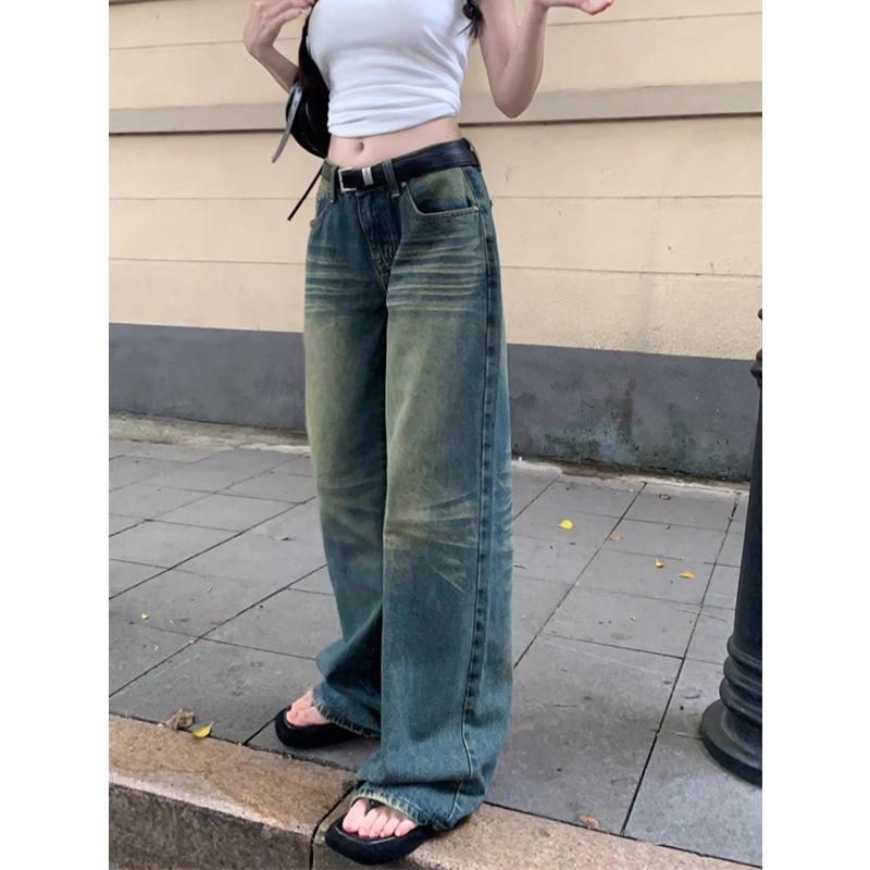 

Plus Size Retro Distressed Low Waist Straight Jeans for Women - Autumn Loose Fit Wide Leg Trousers 2XL