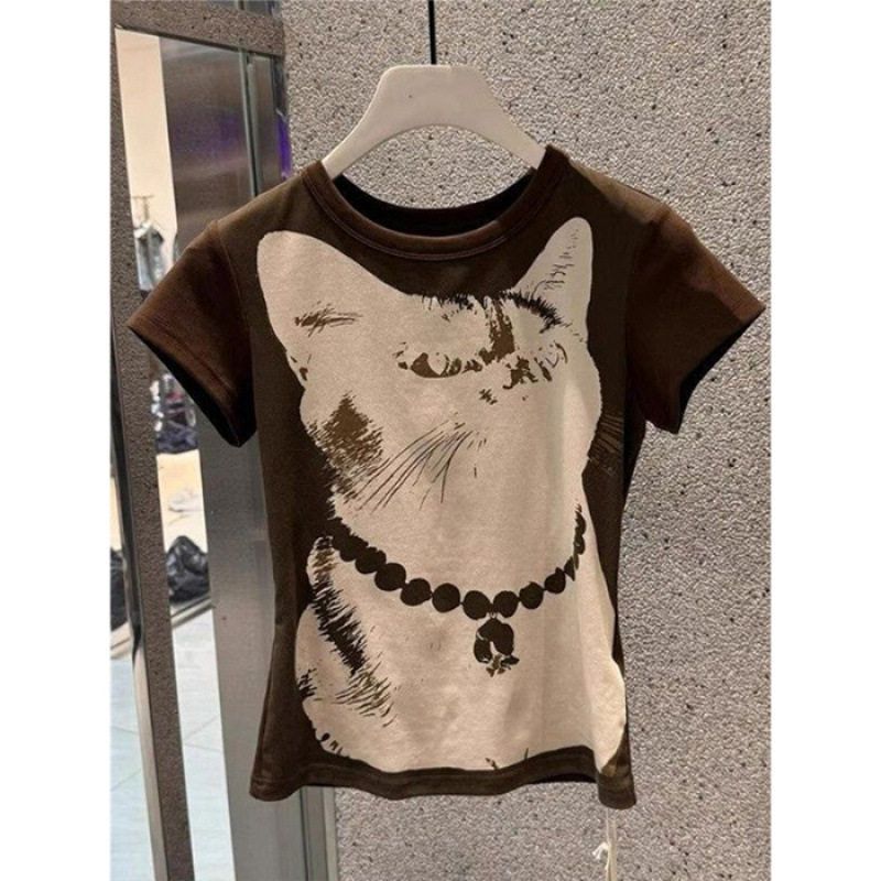 

[210g 40-Count Fine Cotton 1*1] Korean-Style Coffee-Colored Cat Print Short-Sleeve T-Shirt for Women with Unique Design Curry color S