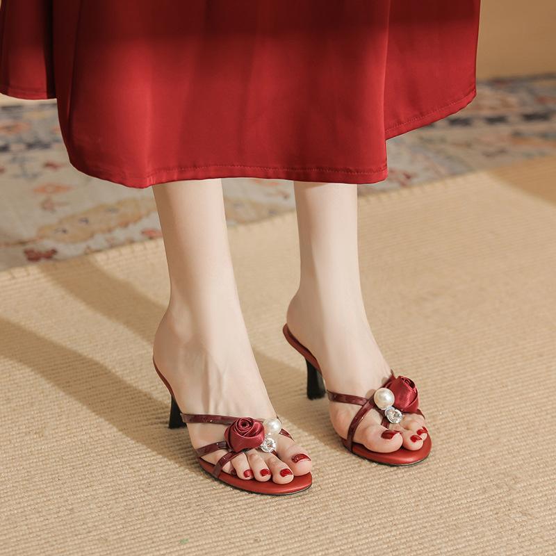 7291-1 High-heeled slippers women's stiletto summer 2025 new outer wear toe cool slippers red rose sandals