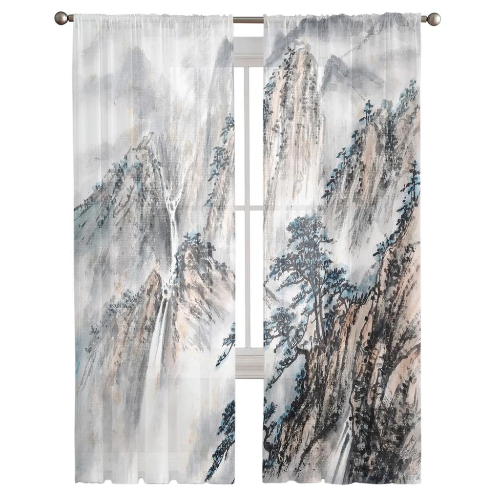 Landscape Ink Painting Tulle Window Curtains Living Room Organza Yarn Sheer Voile Curtain Bedroom Kitchen Home Decor Drape