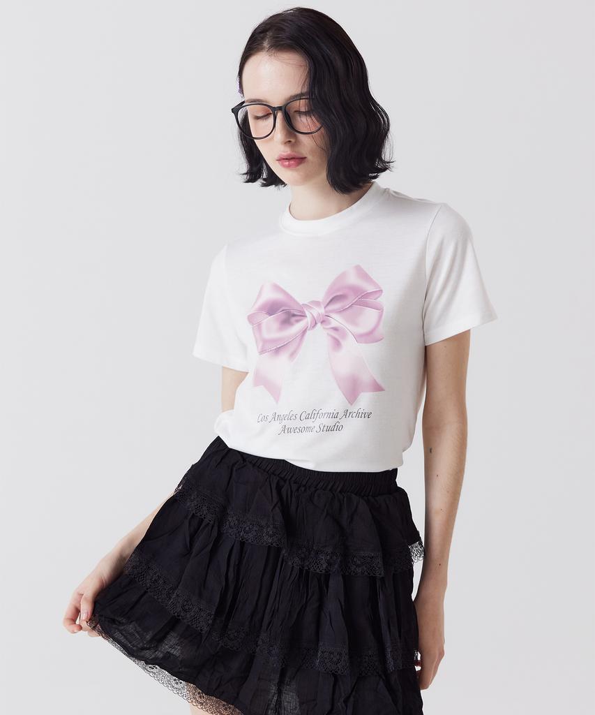 AWESOME STUDIO Ribbon Digital Print Short Sleeve T-Shirt White