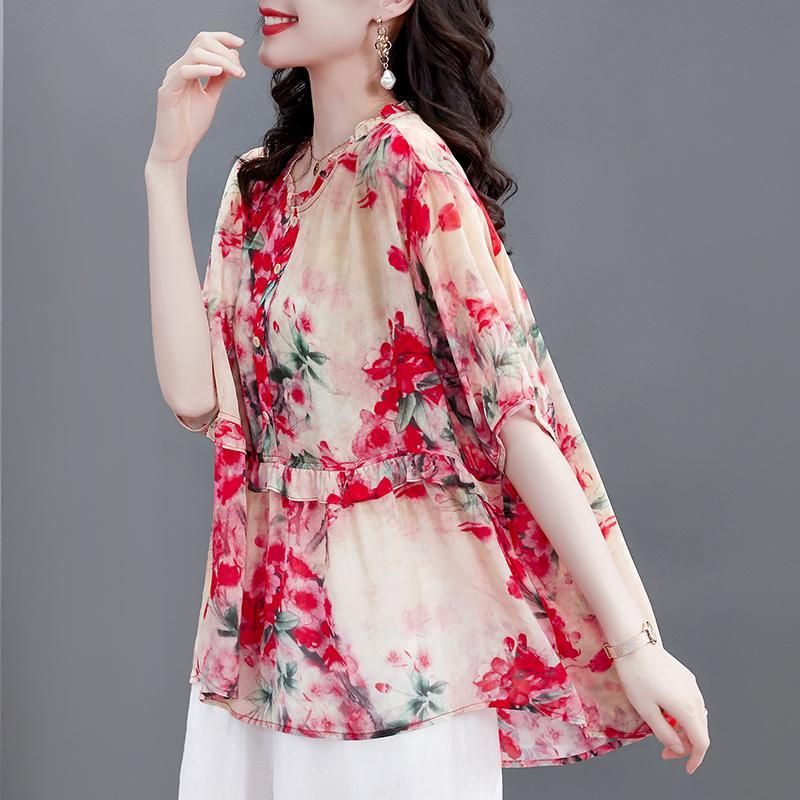 Encrypted Floral Chiffon Shirt for Women In Summer New T-shirt for Noble Ladies Loose Shirt Thin Short-sleeved Top