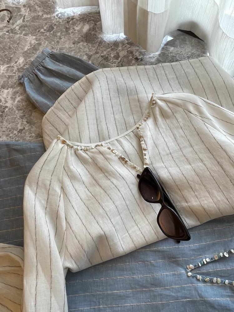 

Cold Loose Linen String Shell Beaded V-neck Vertical Strip Shirt S білий