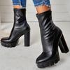 European and American Mid-Calf Round Toe Platform Boots - Chunky High Heel, Waterproof, Elastic, Soft Leather, Versatile, Slimming.
