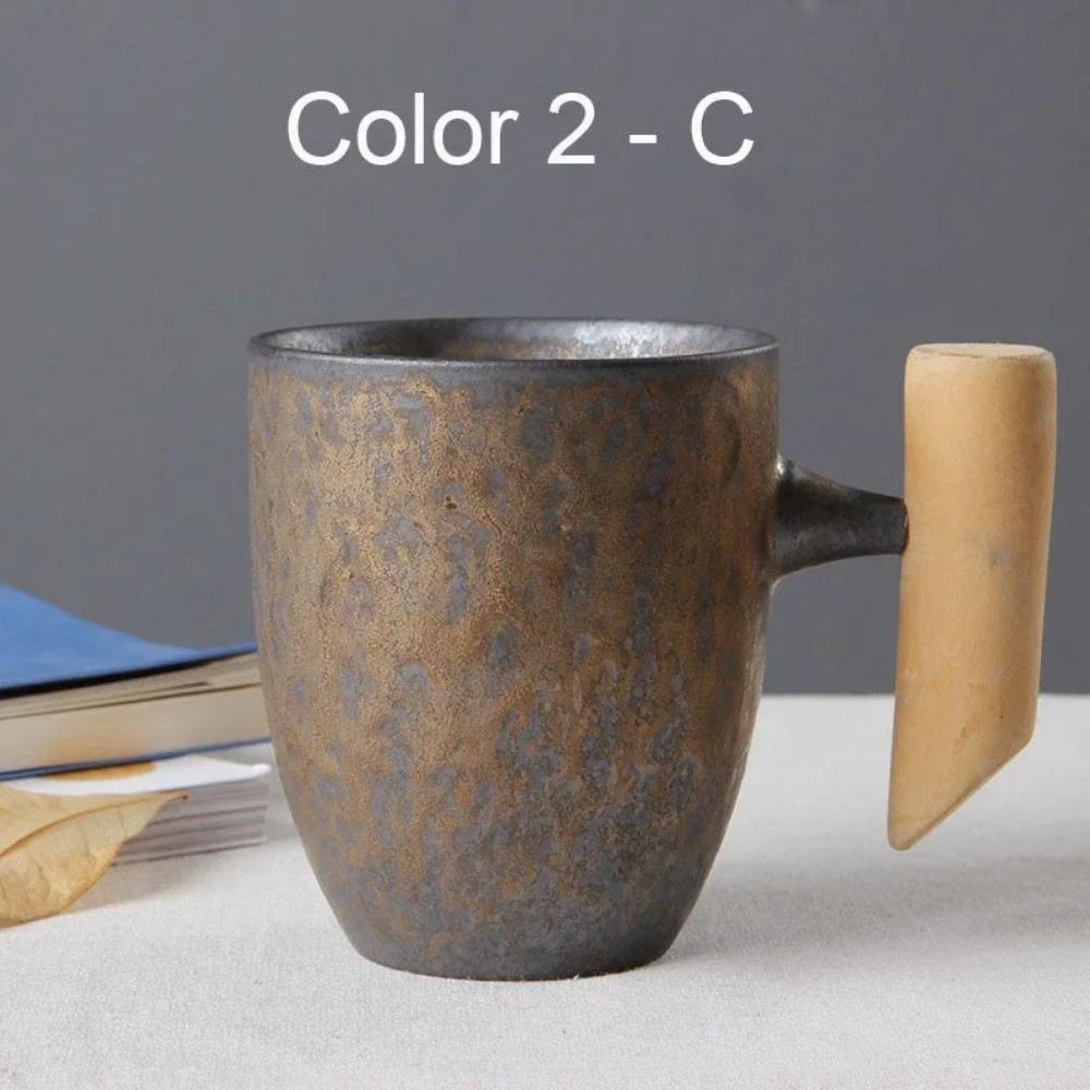 Japanese Vintage Tea Cup Set Ceramic Coffee Mug Rust Glaze Milk Cafe Cup with Wood Handle Water Cup Teacup Home Office Drinkware
