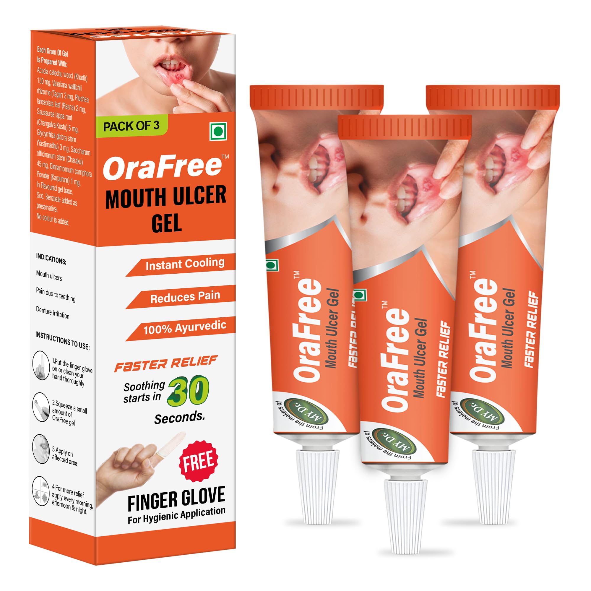 Orafree Ayurvedic Mouth Ulcer Gel | Fast & Soothing Relief for Mouth Sores, Ulcers, Canker Sores & Blisters | Instant Cooling | With Finger Gloves