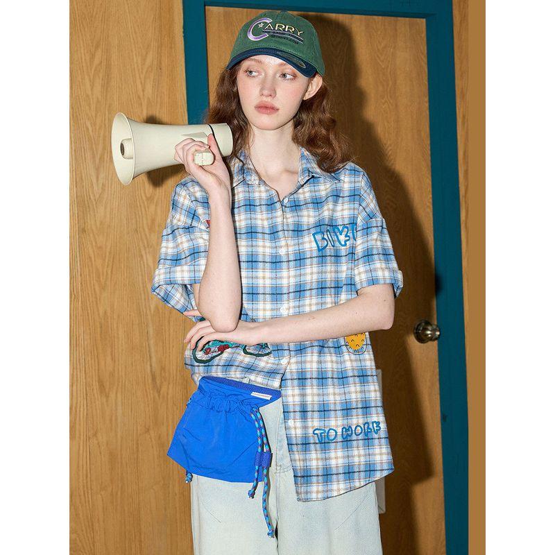 Coolhut American Retro Preppy Style Short-Sleeved Plaid Printed Loose and Versatile Tops for Women 2025 Summer Shirts