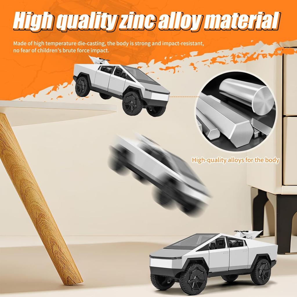 Cybertruck Toy Car,1:24 Zinc Alloy Pull Back Toy Car with Sound and Light,Cyberquad Display Model,Gifts for Boys and Girls (Silver)