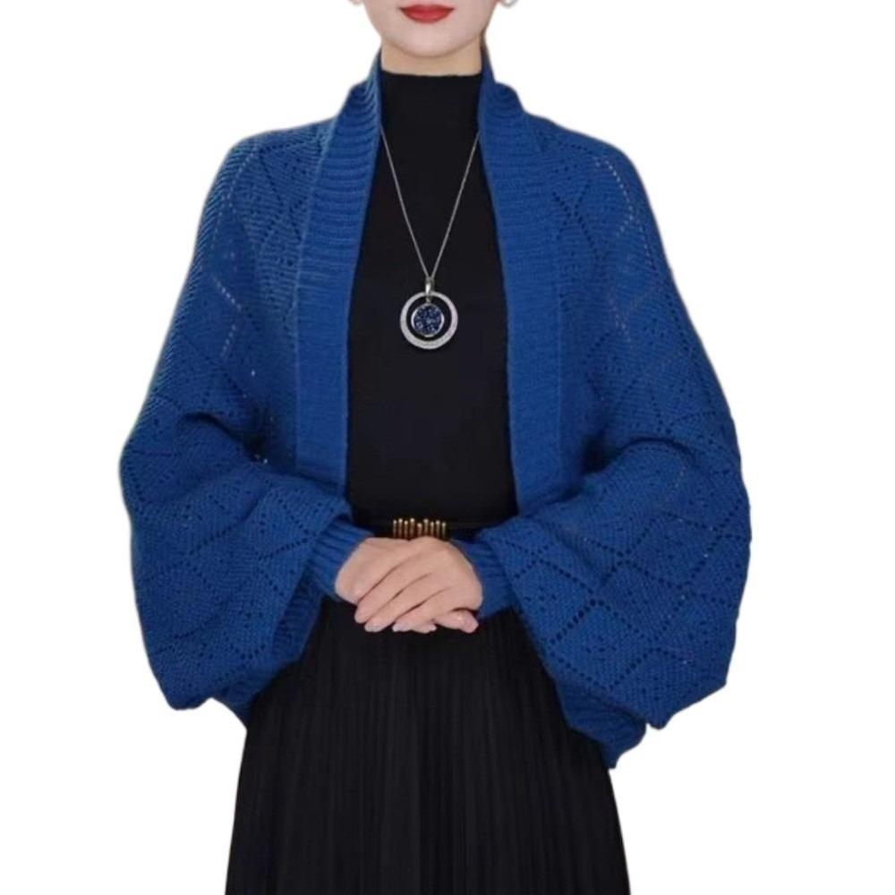 Loose Fit Women Cardigan Hollow Out Shawl Cardigan Scarf Style Bridal Neck Wrap  Elegant Style синий