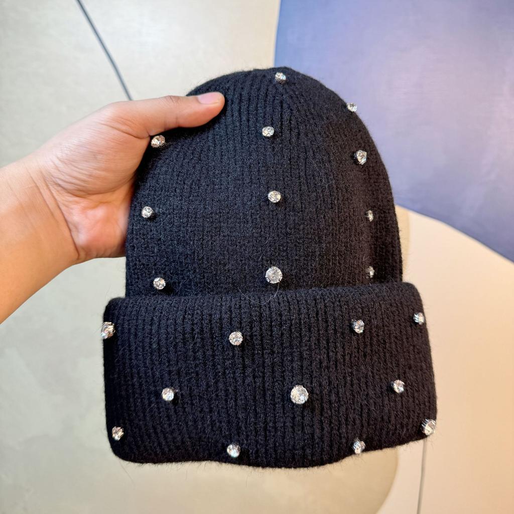 Hat Winter Women's New Korean Style Fashionable and Elegant Rhinestone Knitted Hat Street Style Rabbit Fur Warm Woolen Hat