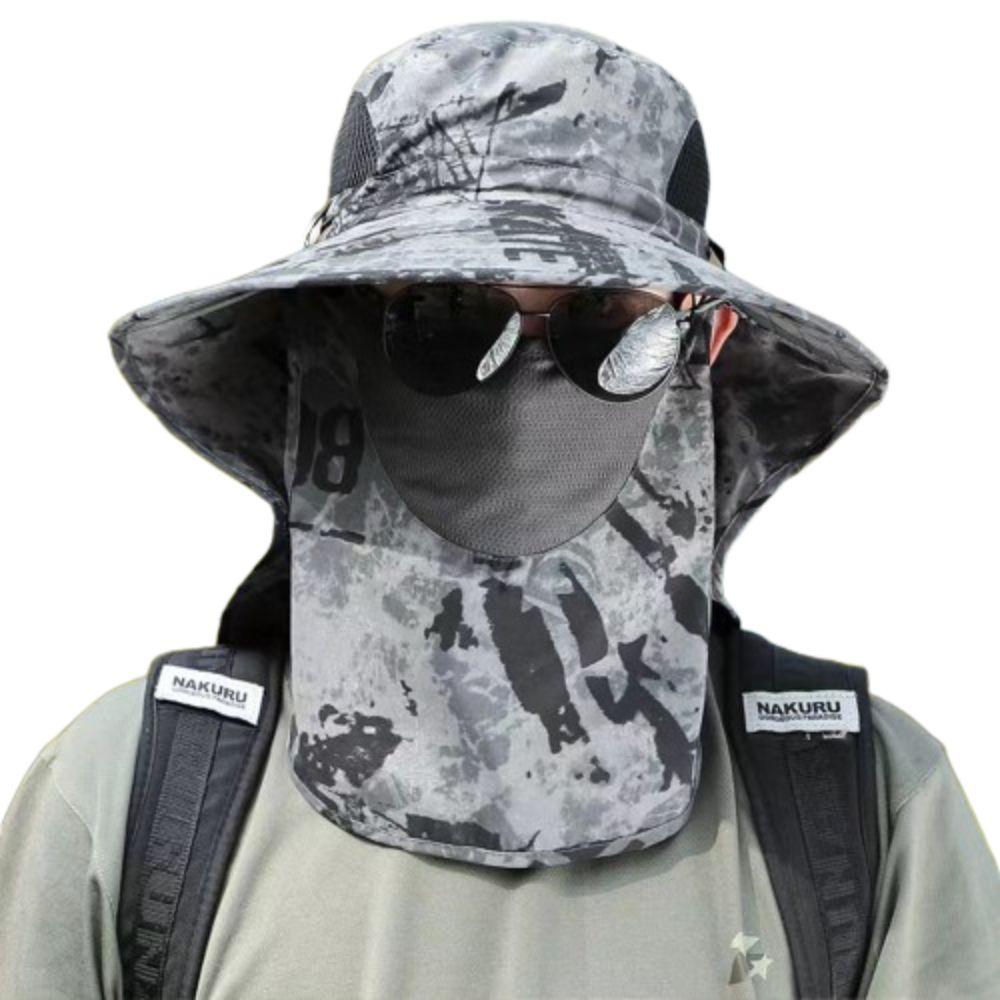 

Wide Brim Sunscreen Men Bucket Hat with Shawl Veil Camouflage Caps Mask Set Fisherman Hat Outdoor серый