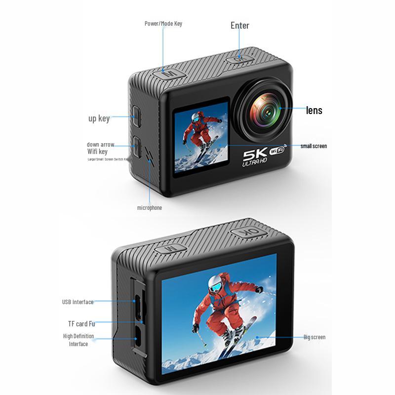5K Dual-Screen Waterproof Sports Camera with Touchscreen, Cycling EIS Stabilization, and WiFi Sync