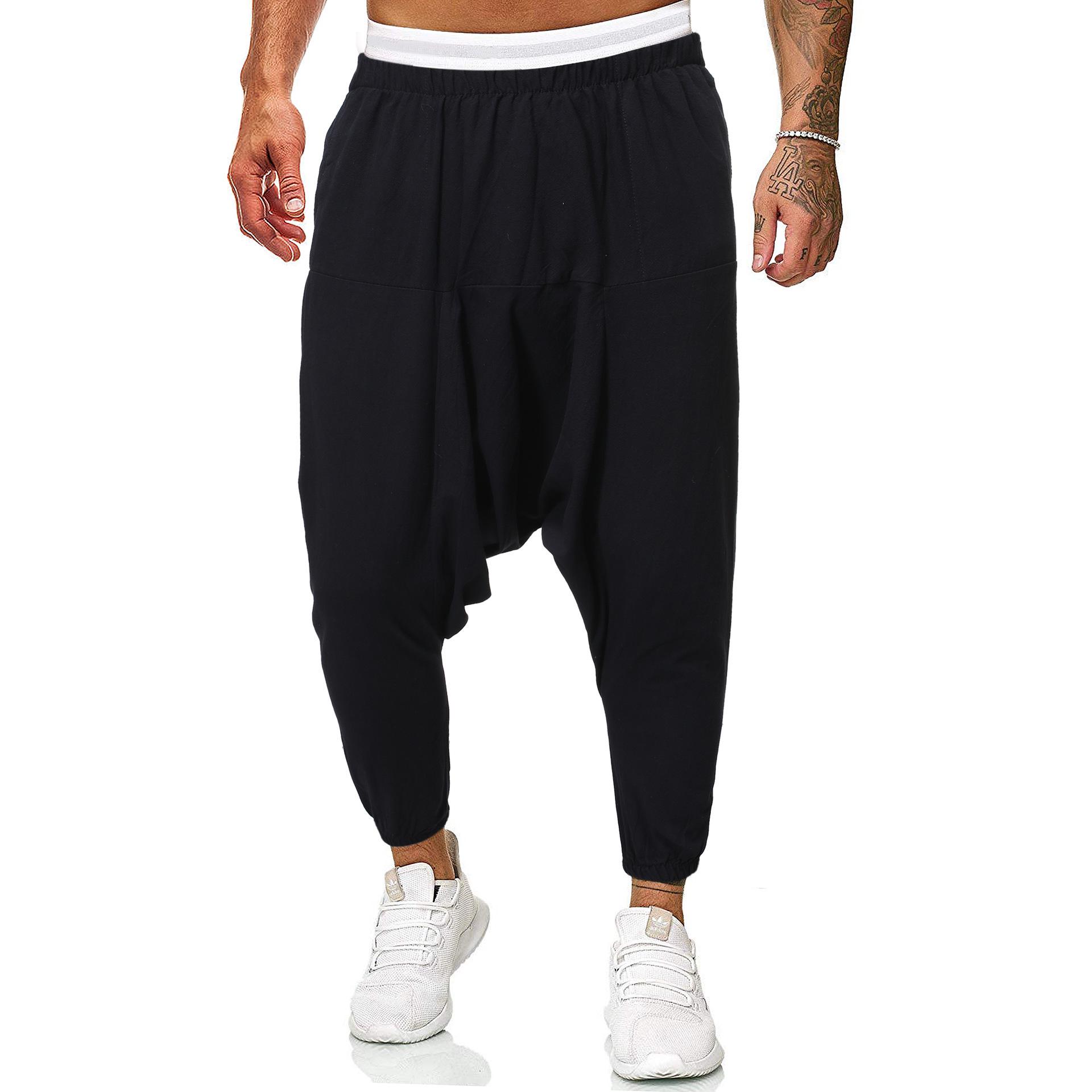 Men s Summer Loose Fit Cotton Linen Harem Pants 2XL чёрный