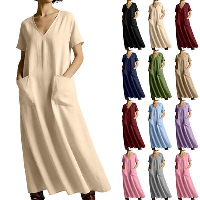 Robe décontractée pour femme à col en V, manches courtes, longueur moyenne, coupe ample, avec poches