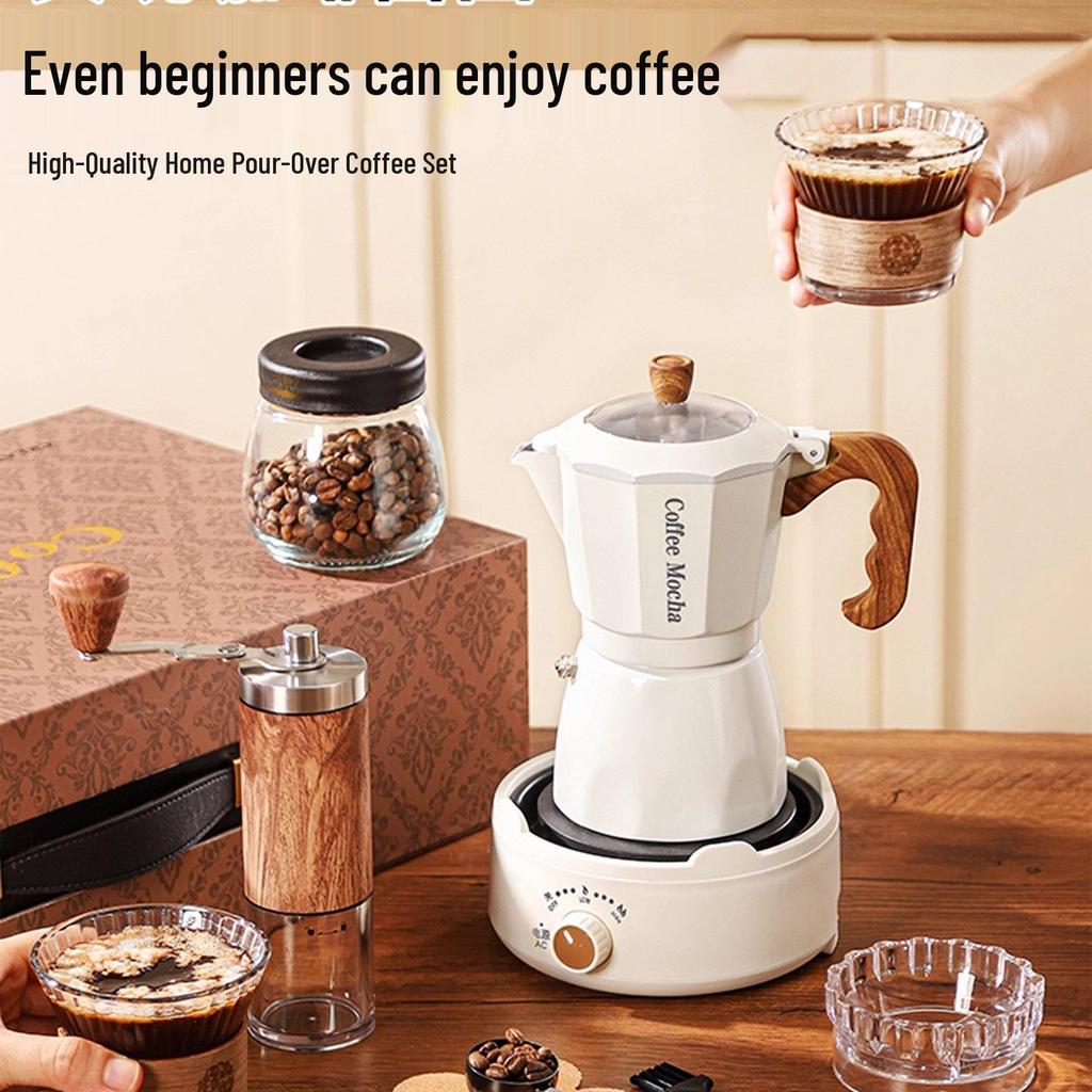 Dvojventilový elektrický moka konvička a ruční mlýnek Dárková sada