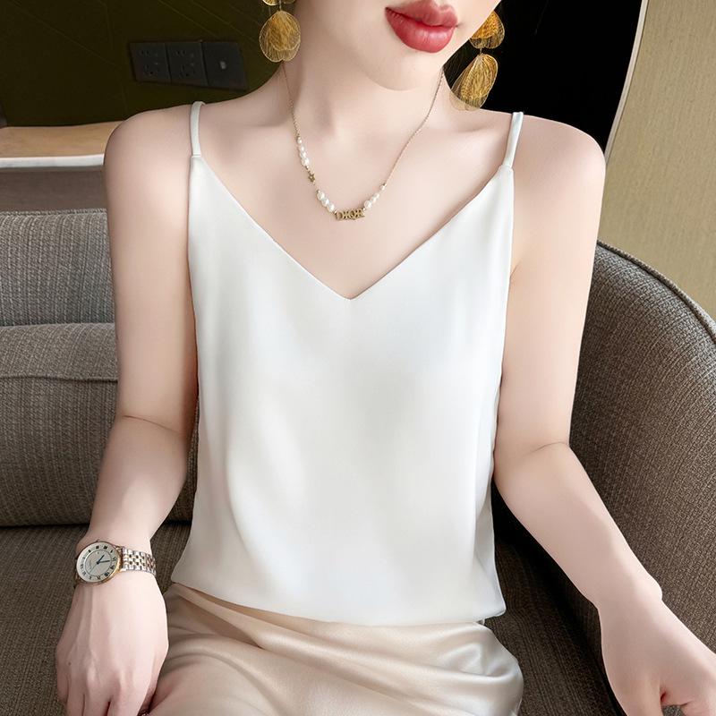 Women's Versatile Summer V-Neck Pearl Strap Satin Tank Top