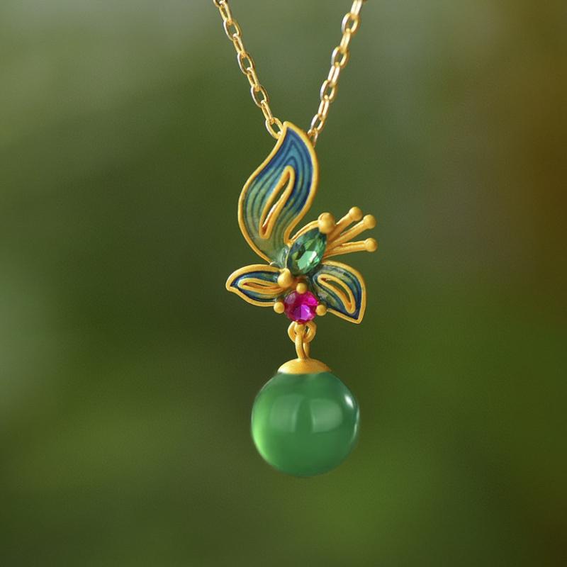 Chinese Style Classical And Simple Natural Jasper Round Bead  Earrings For Women  Enamel Crystal Flower Ear Studs Jewelry