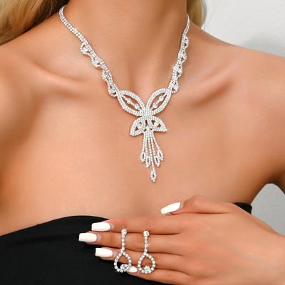 3-teiliges Mode-Kupfer-Krallenketten-Schleifen-Quasten-Halsketten-Ohrring-Armband-Braut-Zirkon-Set Hochzeitsbankett-Party-Festival-Geschenk