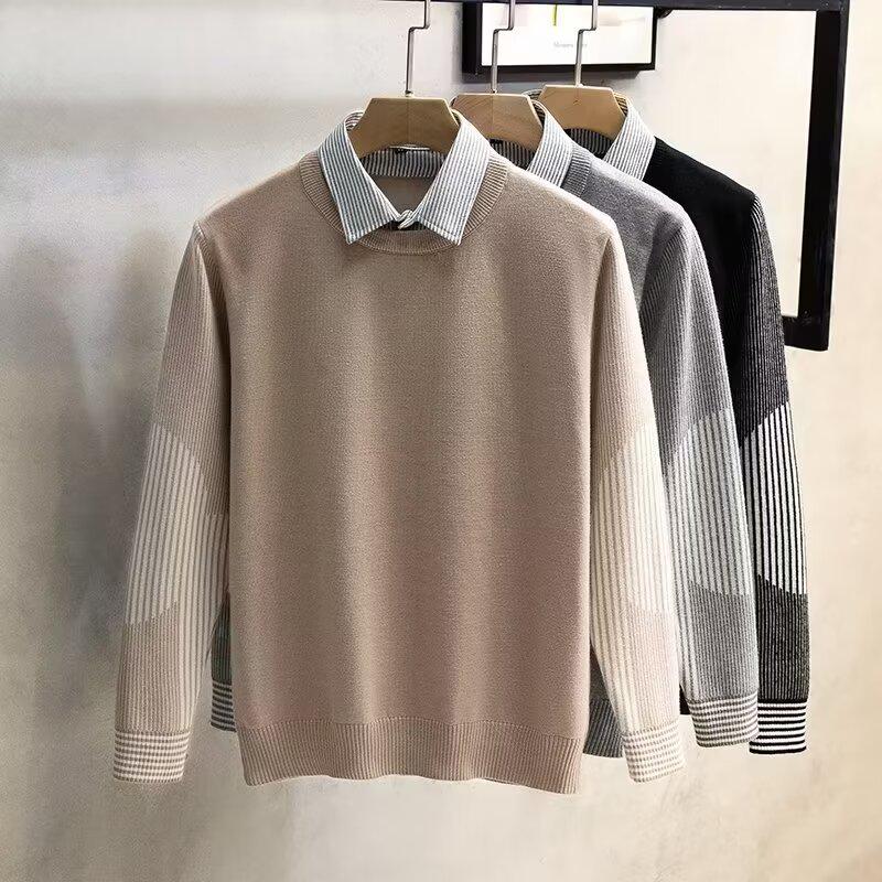 Men's Stylish Knit Sweater: Spring & Autumn, Fake Two-Piece, Casual Japanese Trend