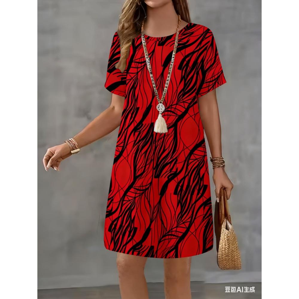 Fashionable and elegant striped printed dress for ladies, trendy casual mini skirt for summer, short-sleeved round-neck casual A-line skirt