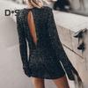 Women Dress Shiny Sequin Hollow Out Back Long Sleeve Loose Soft Round Neck Split Cuff Sheath Individual Streetwear Club Party Dance Mini Dress