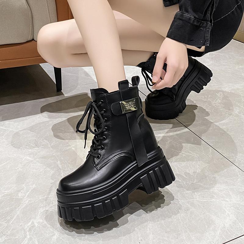 10CM Soft Leather Ankle Mid Calf Boots Winter Autumn High Platform Wedge British Booties Woman Ladies Chunky Motorcycle Boots