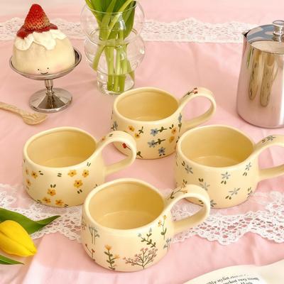 Cream Yellow Ceramic Mug Korean Style Cute Flower Pattern Coffee Cup Hand Pinched Irregular Mug Breakfast Milk Tea Cups Watercup