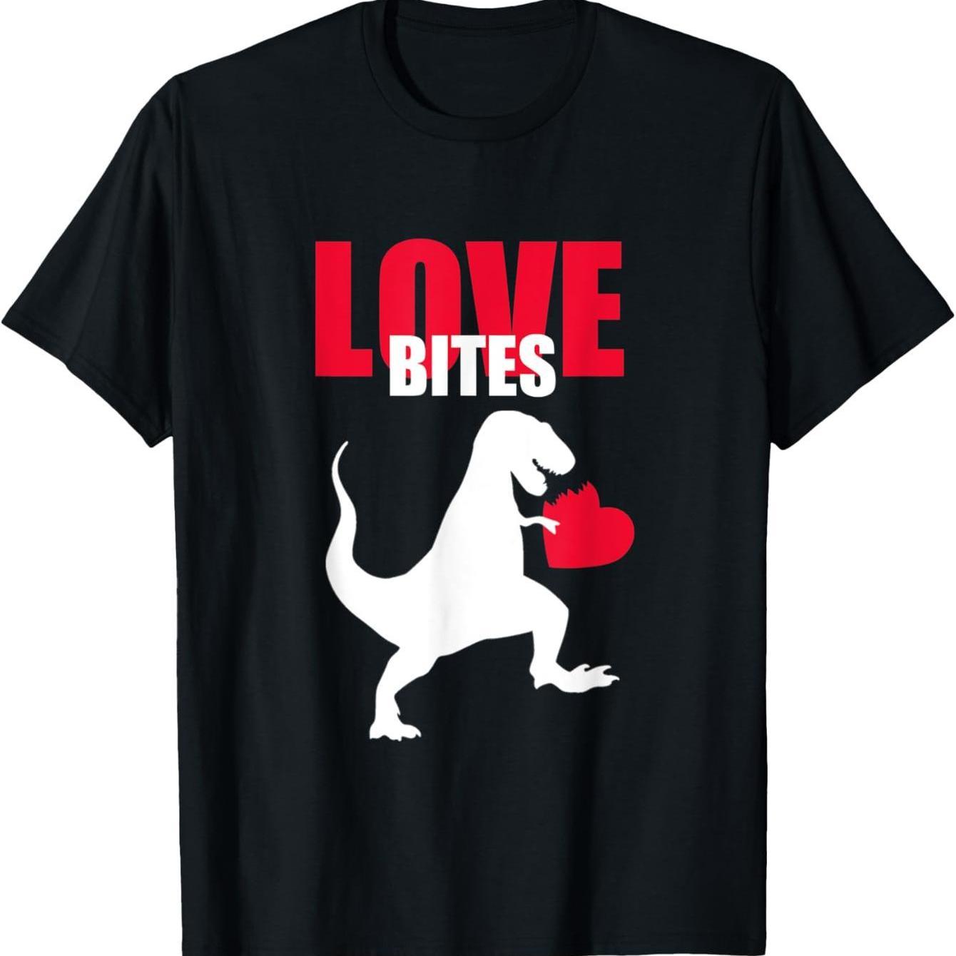 Love Bites Dinosaur T-Rex Heart Graphic Tee Men s Casual Breathable Cotton T-Shirt 4XL