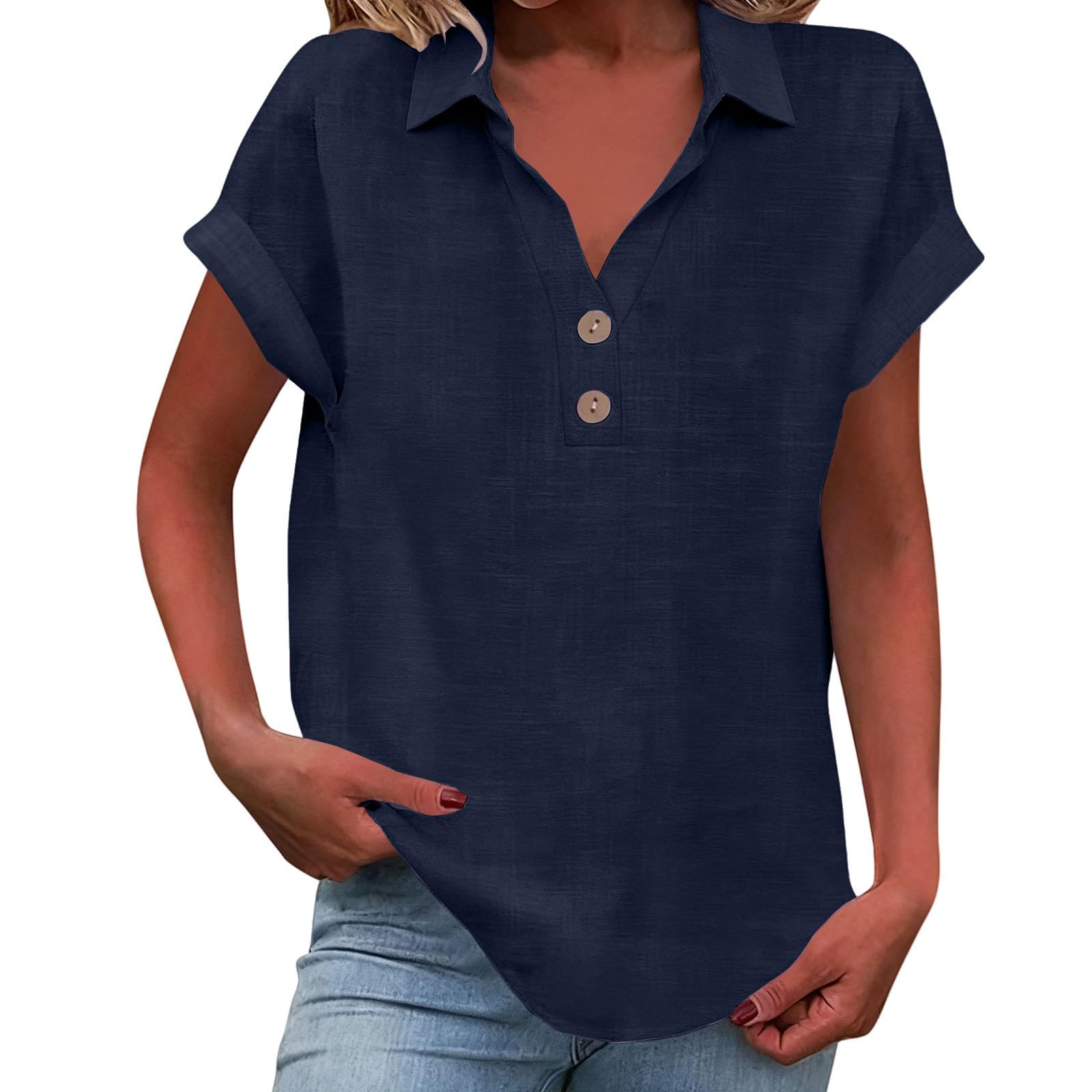 

Women s Fashion Casual -Colour Button-Down Collar Short-Sleeved Shirt T-Shirt Top XXL Темно-синій