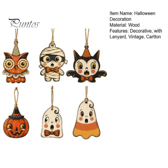 Black Cat Mummy Wooden Tree Pendants 6Pcs Vintage Halloween Ornaments for Decorations, Pumpkin Wood Cutout Pastoral Cute Indoor Decor Owl Hanging