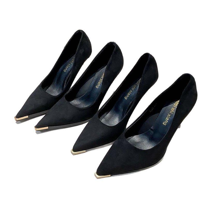 Black Suede High Heels Women's Stiletto Temperament Commuter Metal Head Single Shoes 2025 New Spring Pointed Women's Shoes Batch