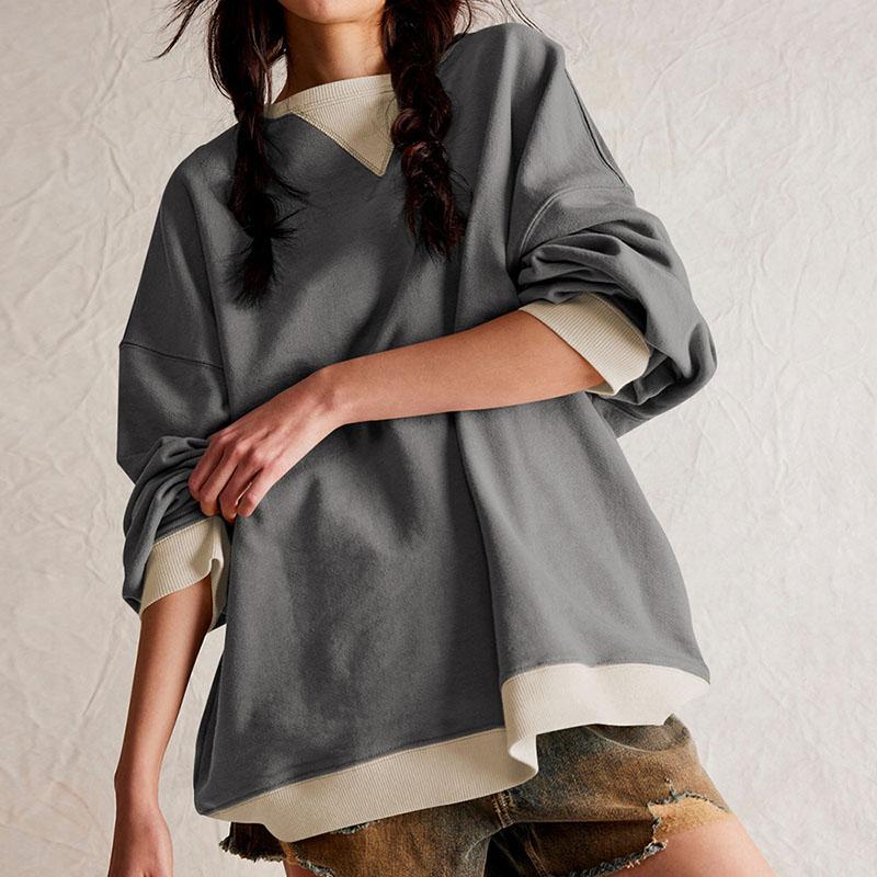 Casual Loose Contrast Sweatshirts Women Long Sleeved Round Neck Patchwork Hoodie Spring Autumn Street Style Pullover