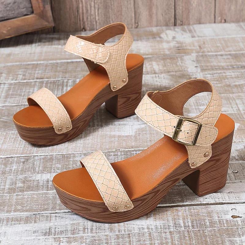 Fashion Women Sandals Retro Plus Size Thick High Heels Sandals Non Slip Gladiator Shoes for Women Ankle Buckle Platform Summer Sandals