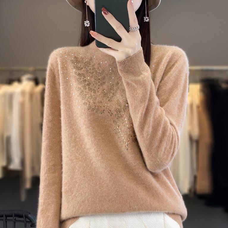 Pull semi-col roulé pour femme automne/hiver, pull ample en strass, haut en tricot doux