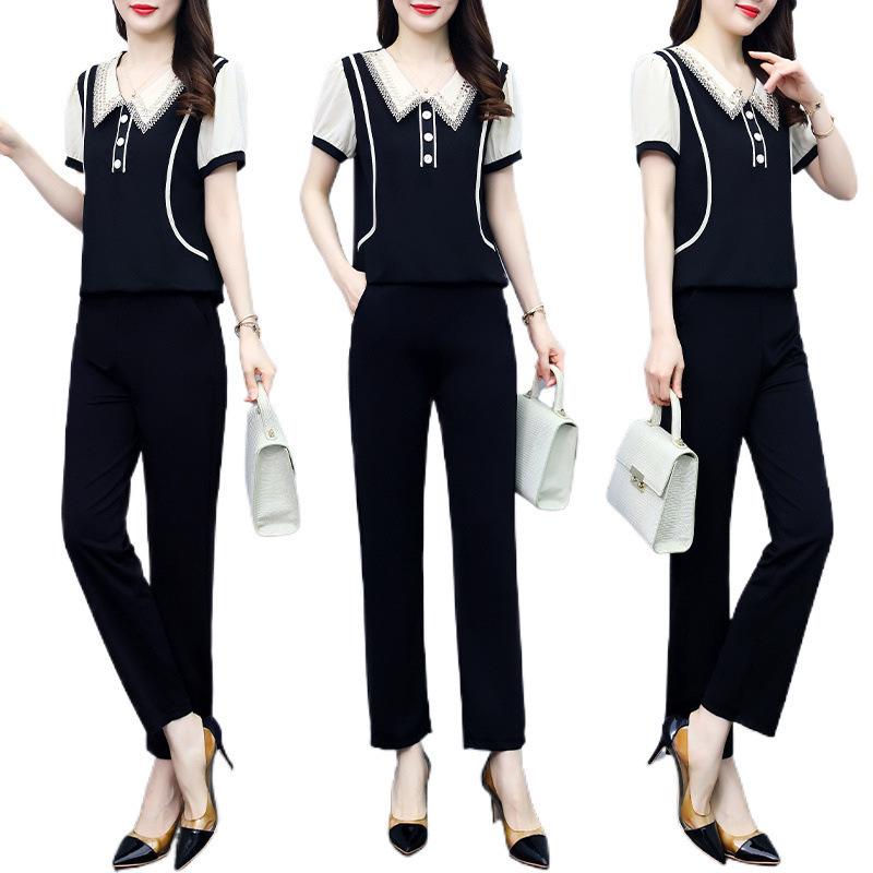 Chic Chiffon Short-Sleeve Top & Long Pants Plus Size Women's High-End Summer Suit