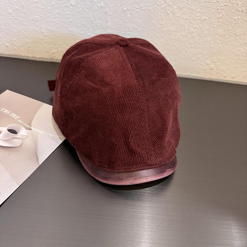 American Retro Solid Color Corduroy PU Forward Hat Autumn and Winter Men and Women Simple Street Versatile Duckbill Beret Tide
